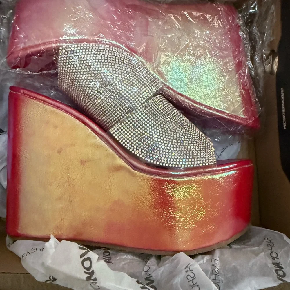Fashion Nova Red Iridescent Platform Wedges with Rhinestone Strap